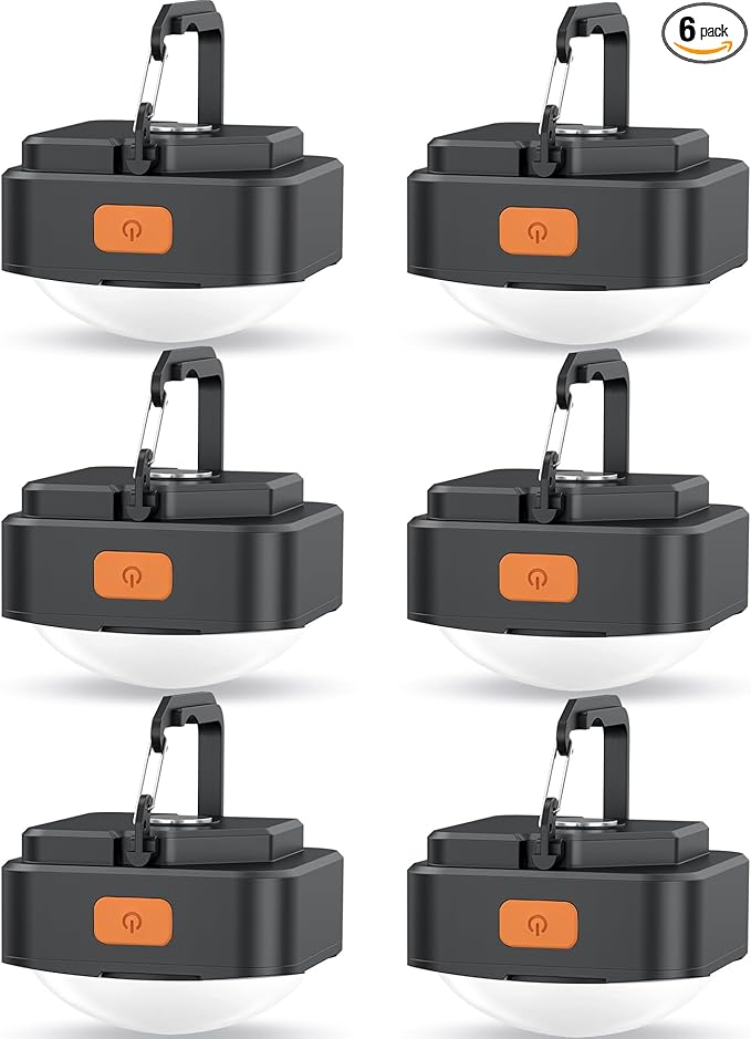 Rechargeable Camping Lights FLY2SKY 6Pcs Black Tent Lights Mini Flashlight Portable LED Camping Lantern Survival Gear Camping Accessories for Hiking Backpacking Fishing Hurricane Emergency Outage