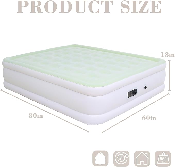 RAPTAVIS Queen Size Air Mattress Inflatable Bed with Built in Pump, 18in Blow Up Mattress for Bedroom, Green
