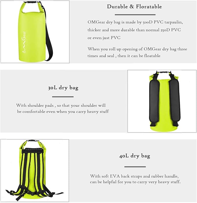 OMGear Waterproof Dry Bag Backpack Phone Pouch 40L/30L/20L/10L/5L Floating Dry Sack for Kayaking Boating Outdoors Activities