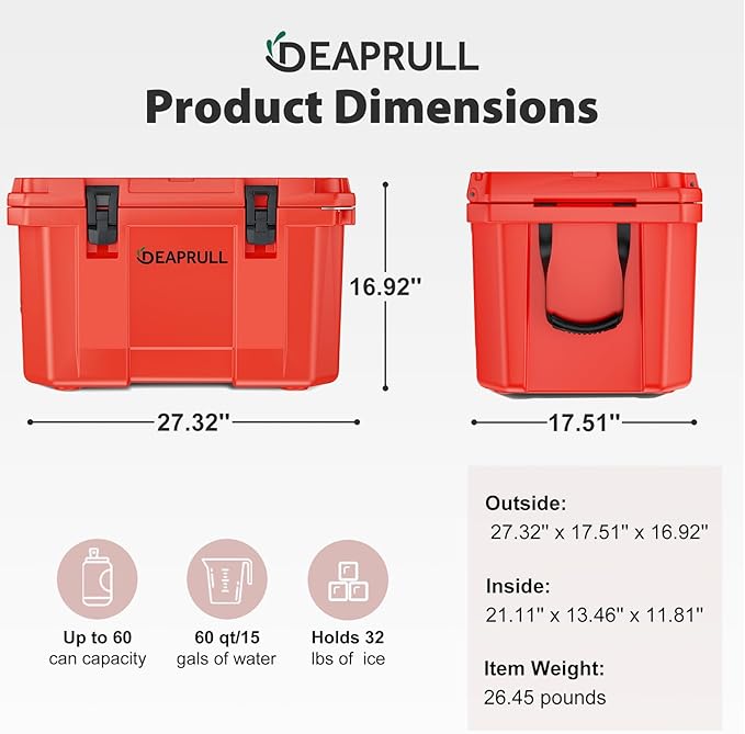 60 Quart Hard Cooler, Insulated Ice Chest Box Holds Ice for up to 6 Days, Portable Cooler with Nylon Rope Handles, Cup Holders, Double Latches for Camping Drink, Beach, Picnic, Fishing, Boat, Barbecue