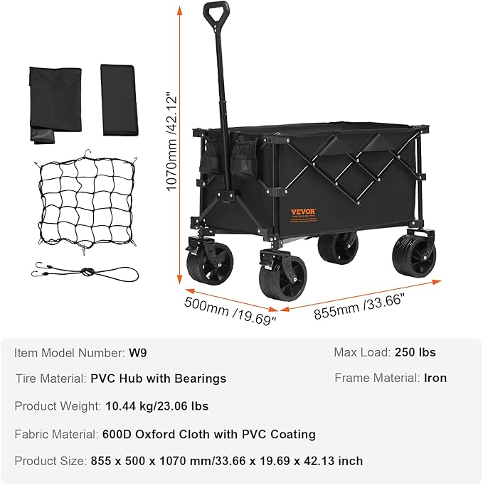 VEVOR 350LBS Collapsible Wagon Cart Heavy Duty Foldable 113L, Folding Beach Utility Wagon with Big Wheels, Portable Grocery Cart for Groceries Camping Sports Garden