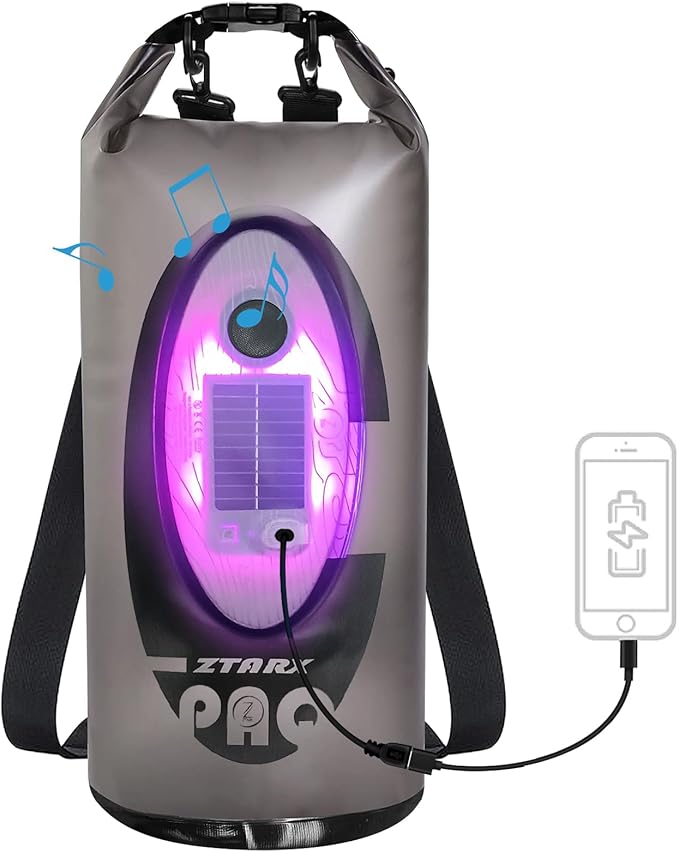 Dry Bag Waterproof with Solar Bluetooth Speaker & Light - 10L/20L Roll Top Dry Sack Keeps Gear Dry for Men Women Kayaking, Beach, Rafting, Boating, Hiking, Camping and Fishing