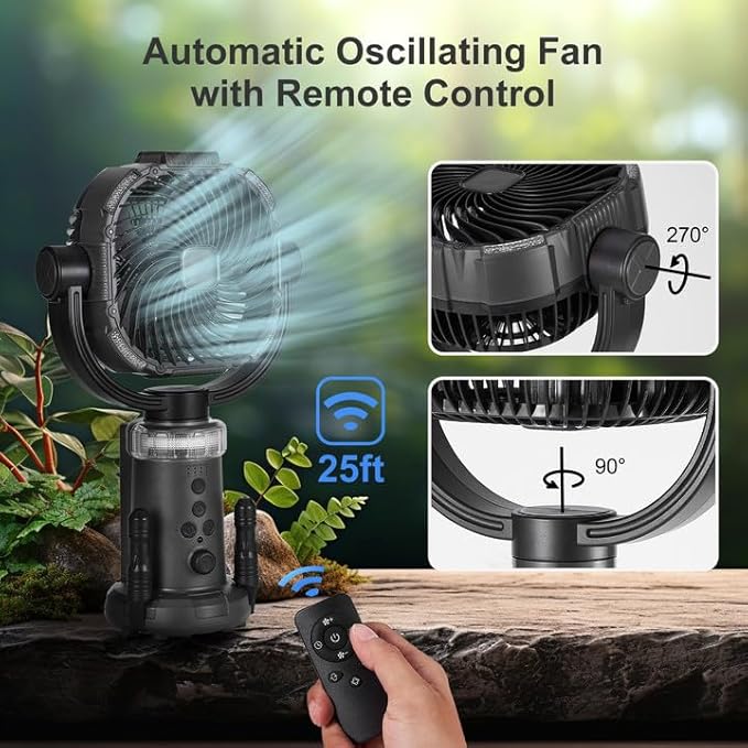 Odoland 20000mAh Camping Fan with Lantern, 360° Oscillation Table fan with Remote & Hook, Rechargeable Battery Operated Outdoor Power Fan with Light for Camp, Family Travel and Jobsite, Black