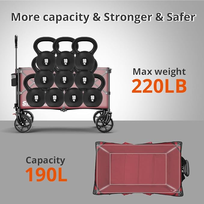 220L Collapsible Wagon with Big Wheels - Heavy Duty Utility Foldable Cart, All-Terrain Wheel & Drink Holders Portable Grocery Carts for Outdoor, Travel, Camping, Beach, Garden,Fishing