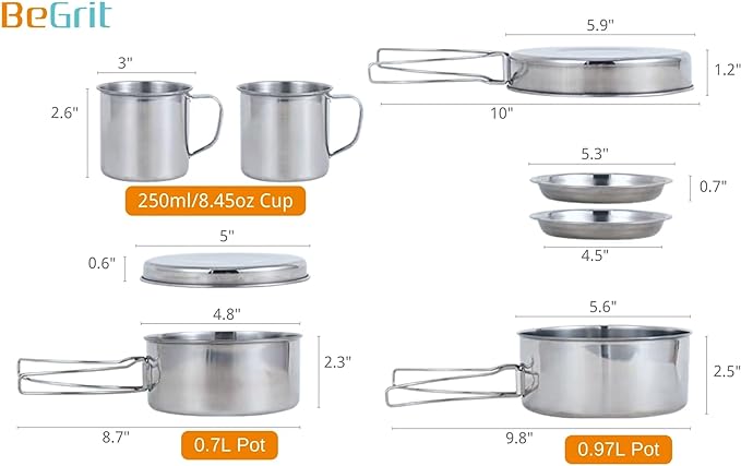 BeGrit Backpacking Camping Cookware Mini Picnic Camping Cooking Mess Kit with Pot and Pan Set for Hiking