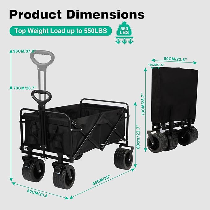 MMQ Heavy-Duty Folding 550 Lbs Collapsible Wagon with Big Wheels - Robust Construction, Spacious Interior, Adjustable Rolling Carts, Outdoor Folding Camping Wagons, Portable Utility Cart (Black)