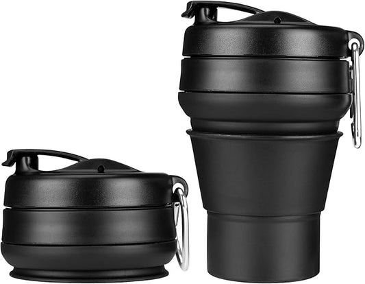 Collapsible Coffee Cup, 16 OZ 480ml Large Silicone Folding Camping Mug, Leak Proof BPA Free Portable, Travel Bottle with Lids for hiking, Microwave & Dishwasher Safe (Black)