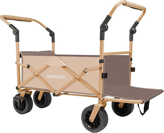 Whitsunday Collapsible Folding Beach Wagon Cart, Double Push Bar Wagon with Tailgate, 360° Rotating Wheels Heavy Duty Utility Camping Grocery Wagon with Wheels Khaki