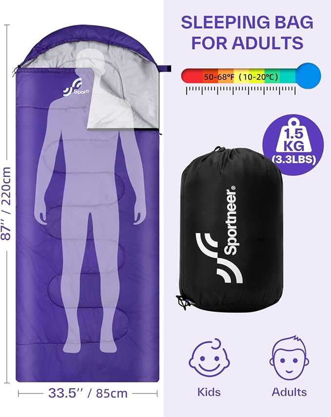 Sportneer Sleeping Bags for Adults, Warm & Cold Weather Sleeping Bag for Adults Kids Boys Girls - Lightweight Compact Camping Gear Equipment, Traveling, Backpacking, Hiking