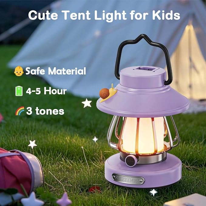 Camping Lantern For Kid Toddler Flashlight With Soft Light & Eye Protection Indoor Outdoor Hanging Tent Portable Night Light Battery Operated Sky Lanterns Rechargeable Lamp Gear Essentials Gift Purple