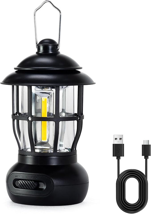 LED Camping Lantern Rechargeable 2 Fixed Models Hanging Tent Lanterns Type-C IPX4 Waterproof for Camper Power Outages Essentials for Picnics Home Patio Travel, Black