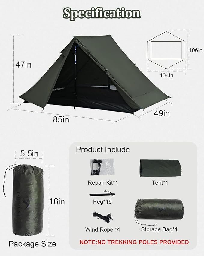 Ultralight Trekking Pole Tent for 1-2 Person,Lightweight Backpacking Tent,Waterproof Windproof Tents for Climbing,Camping,Hiking,Trekking