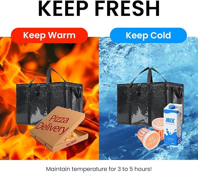 NZ home Durable PRO Insulated Cooler Bag and Food Warmer (3XL, 4 pack) for Delivery & Grocery Shopping with Zippered Top, Black Commercial Grade