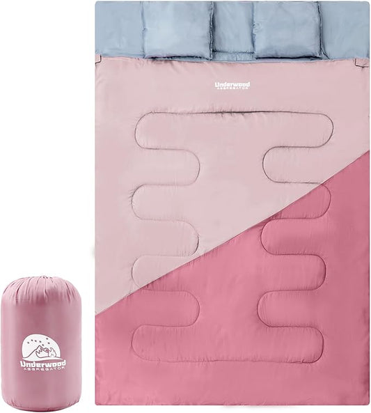 Double Sleeping Bag for Adults Kids - Lightweight 2 Person Sleeping Bag with Pillow, Queen Size Waterproof Camping Sack Two Person for Girls, Boys, Youths, Teens, Compact for Cold Weather & Warm