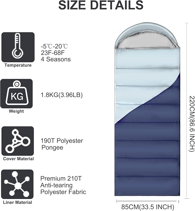 Camping Sleeping Bags for Adults Kids - 3-4 Seasons Warm & Cold Weather Backpacking Hiking XL Size Roomy Camping Gear Equipment for Couples Outdoor Car Family Travelling - Lightweight & Waterproof