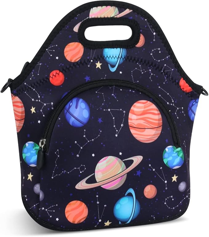Violet Mist Womens Neoprene Lunch Bag Insulated Lunch Bag Tote Cute Large Thermal Lunchbags with Pocket Detachable Adjustable Shoulder Strap Lunchbox Food Handbags Gift Women Men Adult Space Planet