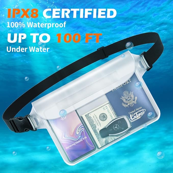 Labeol Waterproof Fanny Pack, 2 PCS Waterproof Pouch with Waist Strap, Fanny Pack to Keep Phone and Valuables Dry for Swimming Kayaking Boating Snorkeling