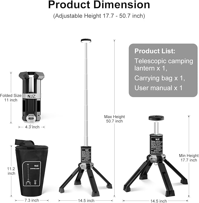 Camping Light, 20000mAh & 21H Runtime Rechargeable Light Tower. 6500K 3 Modes Telescopic Camping Light with Stand, Perfect for Outdoor, Emergency, Sports and Indoor Use(Carry Bag Included)