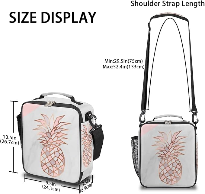 Marble Pineapple Kids Lunch Bag Pinks Pineapple Insulated Lunch Box for Girls Waterproof Lunch Bento Tote Bags Thermal Lunchbox School Lunchbox Insulated with Shoulder Strap