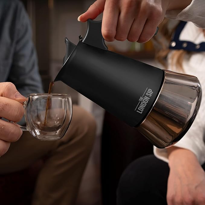 London Sip Stainless Steel Stovetop Espresso Maker Moka Pot Italian Coffee Percolator, Matte Black, Medium (10.14 oz)