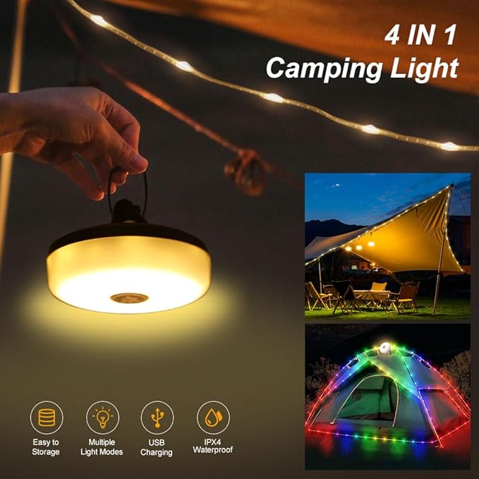 Camping String Lights - 4 in 1 Outdoor Lights with 8 Lighting Modes, USB Charge & Battery Indicator, Durable & Waterproof for Camping Yard Hiking, Portable & Easy-to-Store (32.8ft)