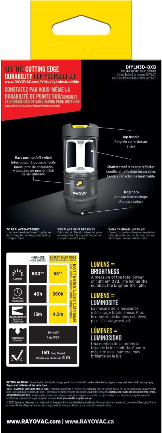 Rayovac - DIYLN3D-BA Virtually Indestructible LED Camping Lantern Flashlight, 600 Lumens Battery Powered LED Lanterns for Hurricane Supplies, Survival Kit, Camping Accessories, IP67 Waterproof