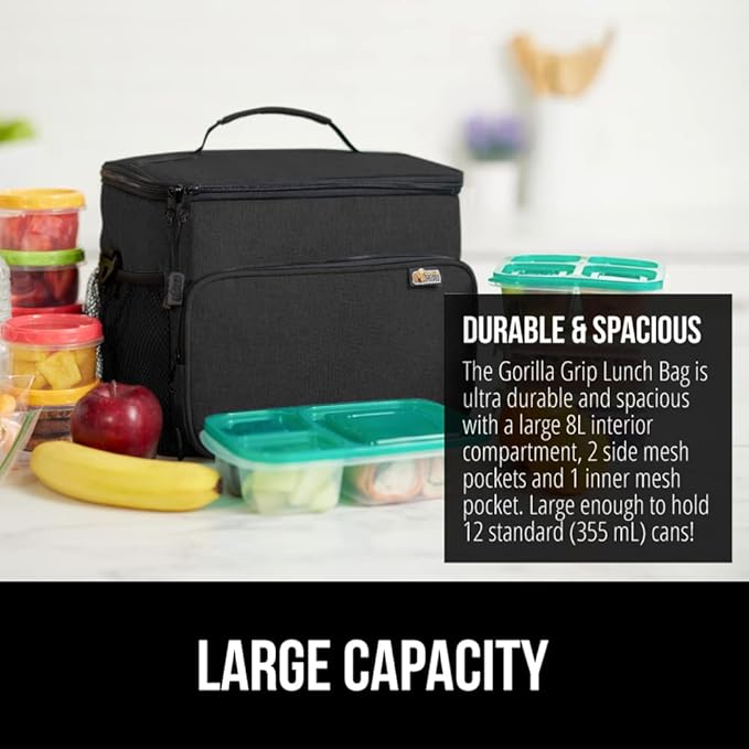 GORILLA GRIP Reusable Insulated Lunch Box Bag for Women Men, Large Leakproof Soft Cooler Bags, Multiple Compartments, Mesh Pockets, Adjustable Strap, Food Tote Keeps Drinks Cold, 8L, 10x9, Black