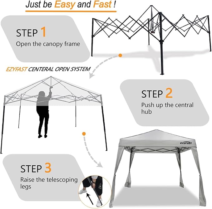 EzyFast Pop Up Canopy Tent, One Person Setup Slant Leg Portable Shelter Gazebo, Patented Design with Built-in Weight Bags, 10' x 10' Base / 8' x 8' Top A Khaki
