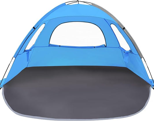 NXONE Beach Tent Sun Shade Shelter for 4 Person with UV Protection, Extended Floor, 3 Mesh Roll Up Windows & 8.5mm Fiberglass Rods丨Carry Bag Included (Sky Blue)