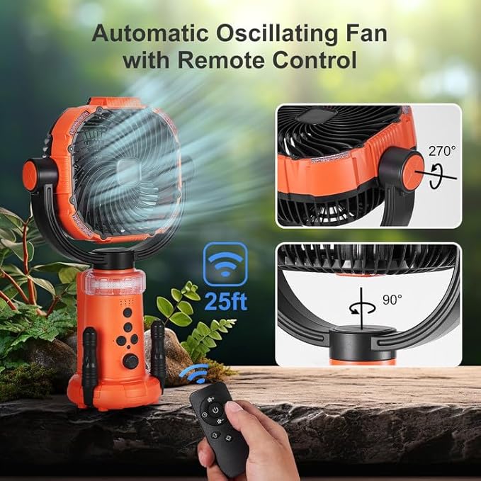 Odoland 20000mAh Camping Fan with Lantern, 360° Oscillation Table Fan with Remote & Hook, Rechargeable Battery Operated Outdoor Power Fan with Light for Camp, Family Travel and Jobsite, Orange
