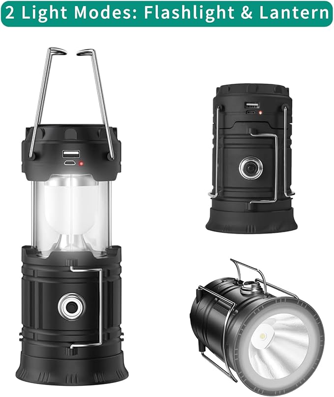 LED Camping Lantern, Solar and Rechargeable Lantern Flashlight Collapsible and Portable Light for Daily/Camp/Hiking/Night Fishing/Emergency/Hurricanes/Storm(Black, 1 Pack)