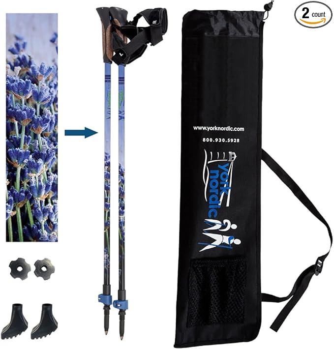 Official Nordic Walking Poles - True Classic Nordic Glove Grips, Lightweight, Adjustable, and Collapsible -2 Pieces w/flip Locks, Detachable Feet and Travel Bag by York Nordic - Heights 5'4"-6'2"