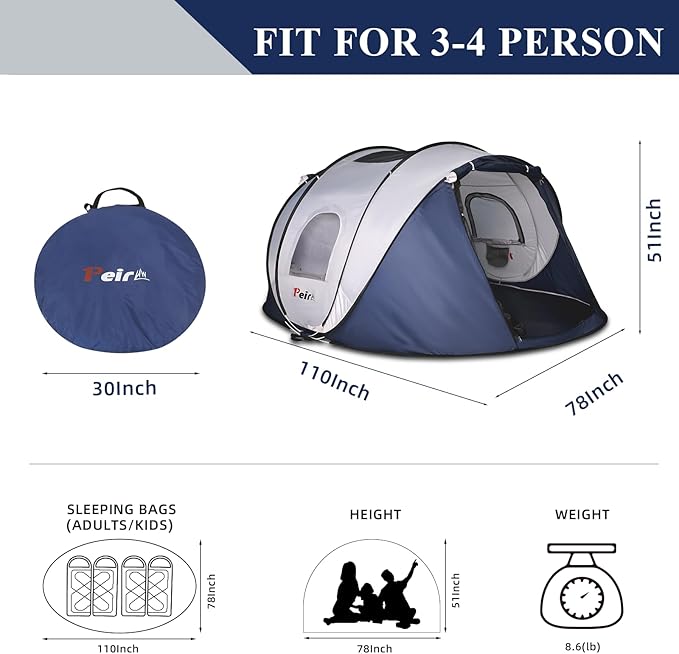 Camping Pop Up Tent, 2-4 Person Automatic Easy Setup Tents, 2 Doors-Instant Popup Family Tents for Camping, Hiking, Traveling