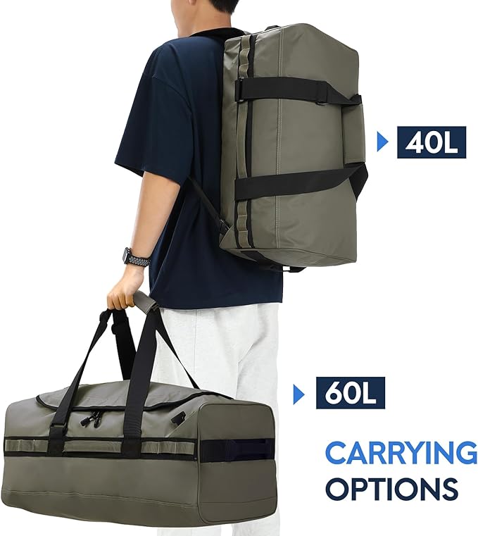 Haimont Water Resistant Backpack Duffle Heavy Duty Convertible Duffle Bag with Backpack Straps for Gym, Sports, Travel, Army Green, 60L