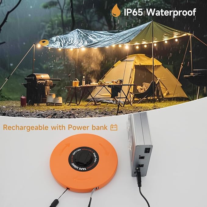 Camping Lights String, Tape Tent Lights Color Changing APP Control, Waterproof LED Lantern Retractable and Reusable for Emergency Yard Decor Christmas Essentials (Warm-White 16.4Ft)