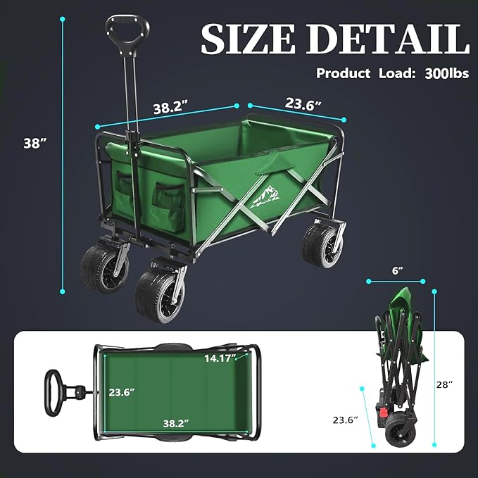 Collapsible Wagon Foldable Cart Heavy Duty, Large Capacity Grocery Beach Wagon for Camping Shopping, Green