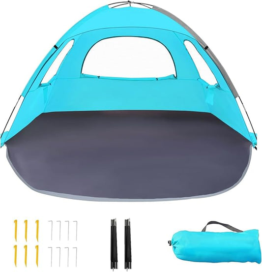 Beach Tent for 3-4 People, UPF50+ Sun Shelter with Breathable 3-Way Ventilation, 8.0mm Reinforced Fiberglass Poles, Portable Shade Canopy for Beach & Camping (Green)