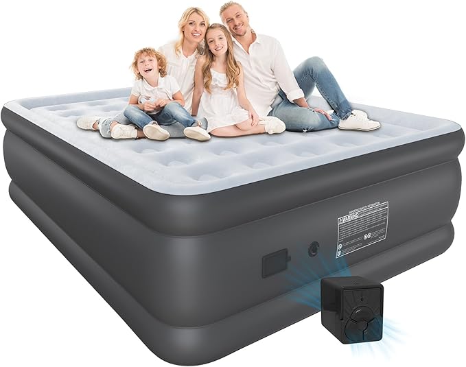 Air Mattress Queen with Built in Wireless Battery Pump,22'' Blow Up Inflatable Air Bed for Camping,Home,Thick Velvet Texture Waterproof,22'' Grey