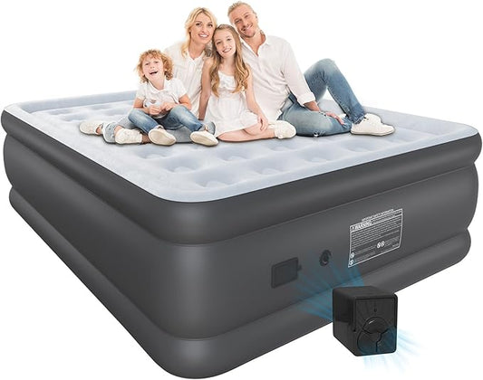 Air Mattress Queen with Built in Wireless Battery Pump,22'' Blow Up Inflatable Air Bed for Camping,Home,Thick Velvet Texture Waterproof,22'' Grey