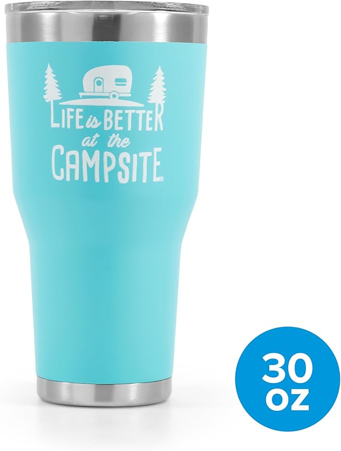 Camco Life is Better at The Campsite Tumbler | Heavy Duty Double Wall Vacuum Insulation | Crafted of 18/8 Stainless Steel | Unique “Life is Better at The Campsite” Design on Cool Blue | 30-oz (53058)