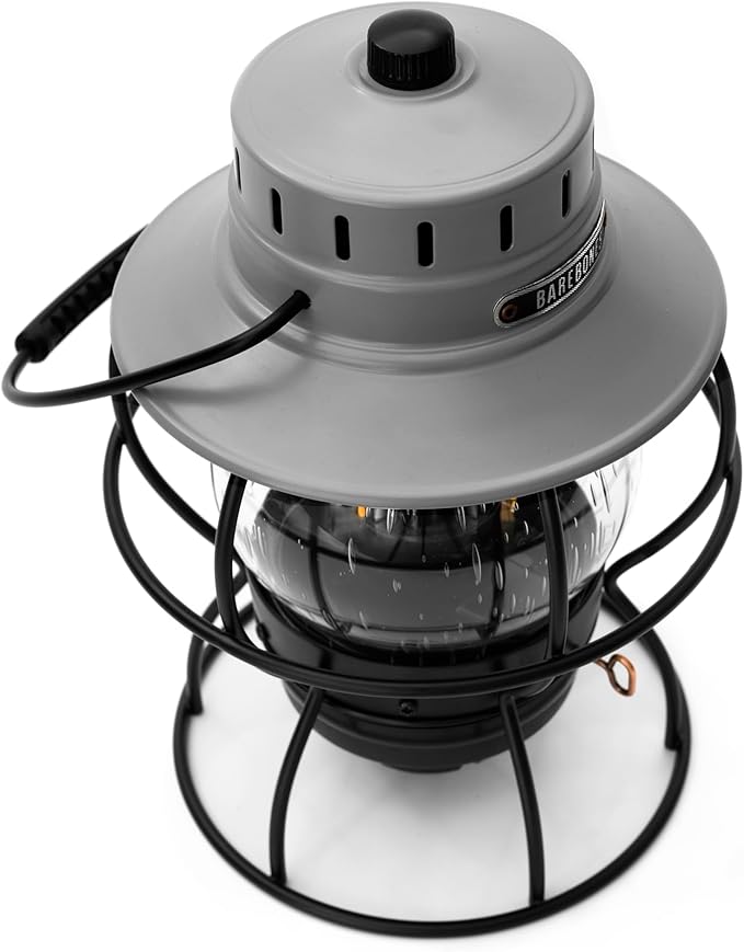 Barebones Railroad Lantern – State Gray, Vintage-Inspired LED Camping Lantern with Rechargeable Battery – Adjustable Brightness Outdoor Light for Camping Gear, Backyard, and Home Decor
