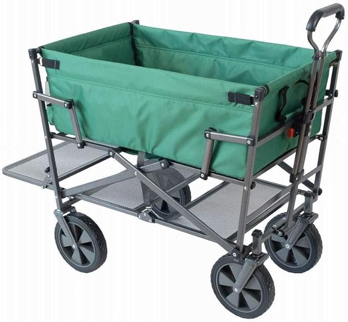 MacSports Double Decker Heavy Duty Steel Frame Collapsible Outdoor 150 Pound Capacity Yard Cart Utility Garden Wagon with Lower Storage Shelf, Green