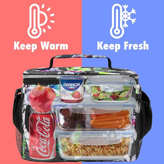 opux Insulated Lunch Bag for Men Women, Leakproof Floral Grey Lunch Box for Work, Portable Soft Lunch Cooler Bag with Shoulder Strap, Adult Lunchbox Lunch Pail for Kid Boy Girl School, 14 Can/8L