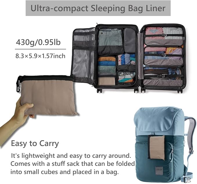 Lightweight Sleeping Bag Liner Camping Travel Sheets Ultralight Sleeping Bag Sack for Backpacking Hiking Hotel Hostels and Traveling, Stuff Sack Included
