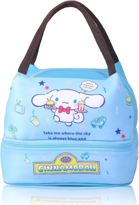 Kawaii Insulated Lunch Bag for Women Men, Cute Reusable Large Capacity Lunch Box, Double Compartment Container Lunch Tote Bag, Thermal Cooler Bag Food Handbags for Work Travel (Blue)