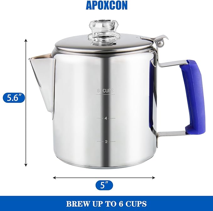 Multi Use Percolator Coffee Pot Stainless Steel Stove Top Coffee Maker with Two Tough Borosilicate Glass Knob Silica Handle Camping Coffee Pot Using on Campfire Stove & Induction Cooker Silver 6 Cup