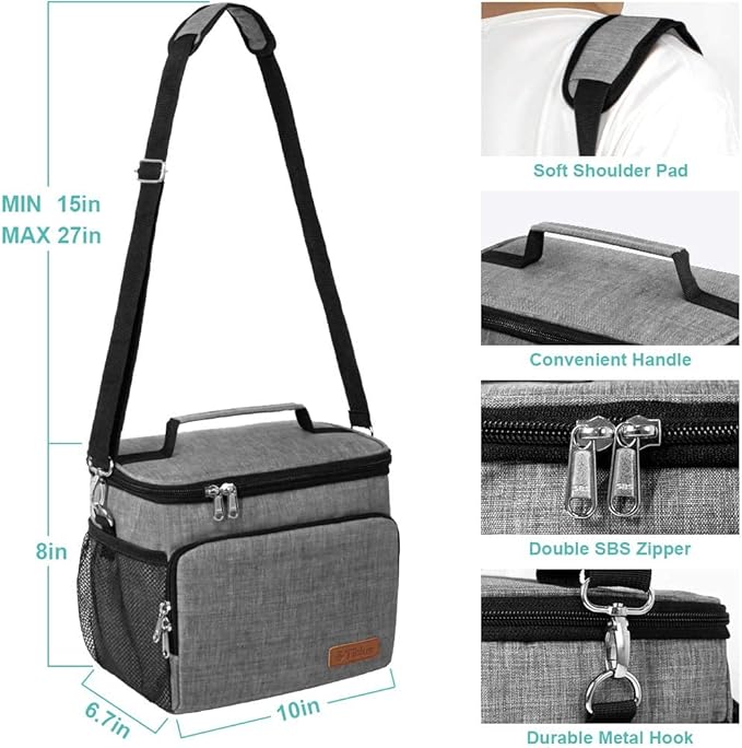 Tiblue Insulated Lunch Bag for Women/Men, Reusable Lunch Box for Office Work School Picnic Beach,Leakproof Freezable Cooler Bag with Adjustable Shoulder Strap for Kids/Adult(Medium, Rock Grey)