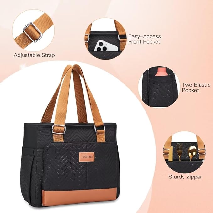 Lunch Bag Lunch Box Women - Leakproof Insulated Lunch Cooler Bag for Women - Large Lunch Tote Bags Adults, Brown Black