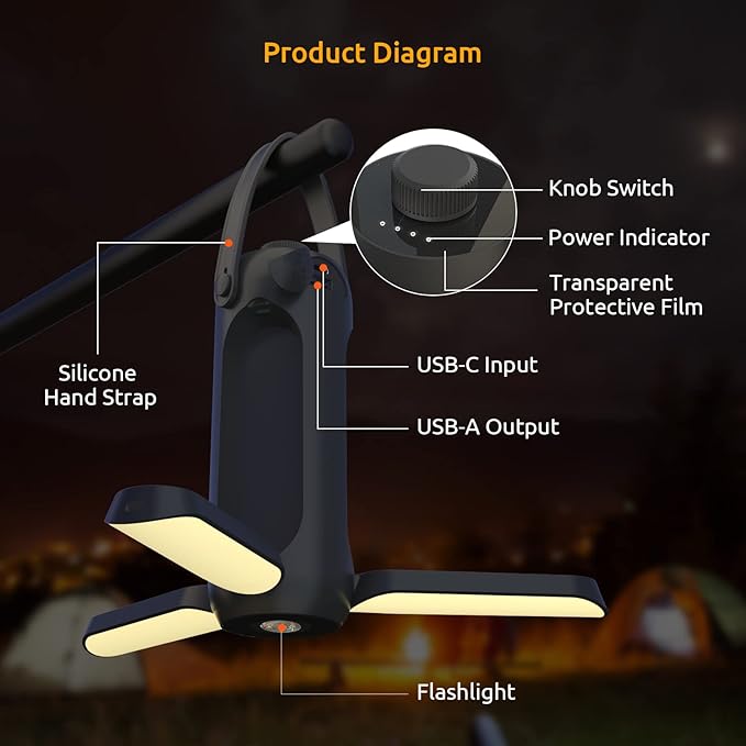 Camping Lantern 720LM with Flashlight Design, 10000mAh Rechargeable LED Camping Lamp, 11H Run Time, Deployable Lampshade Multifunctional Camping Light for Hurricane, Emergency, Travel-Grey