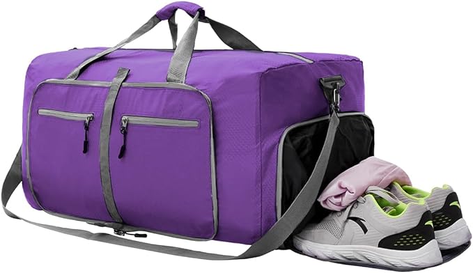 Dimayar Travel Duffle Bag for Men Women - Foldable Duffel Bag with Shoes Compartment - Overnight Bags Waterproof & Tear Resistant(85L,Purple)